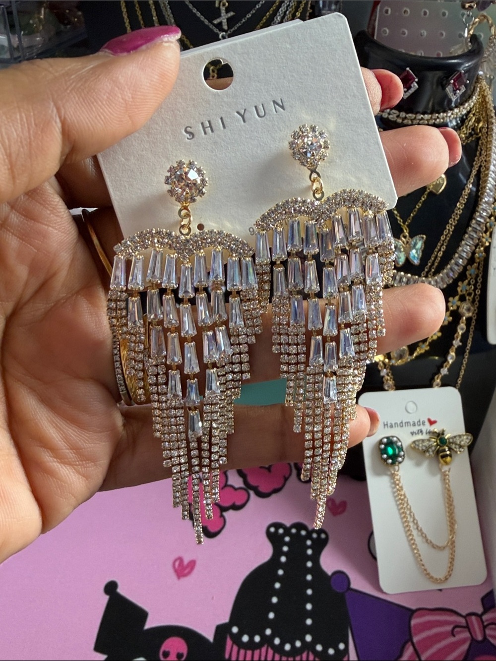 Gold Crystal Fringe Statement Earrings - Crystal Sparkle